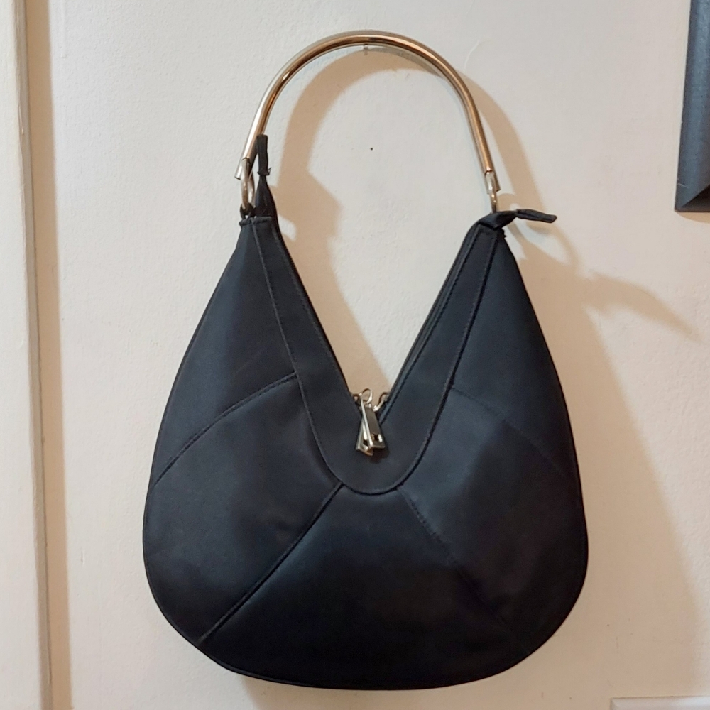 Vintage Black Hobo Bag with Gold Handle